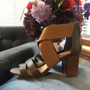 Audrey Brooke Gray & Tan Block Heel Sandals